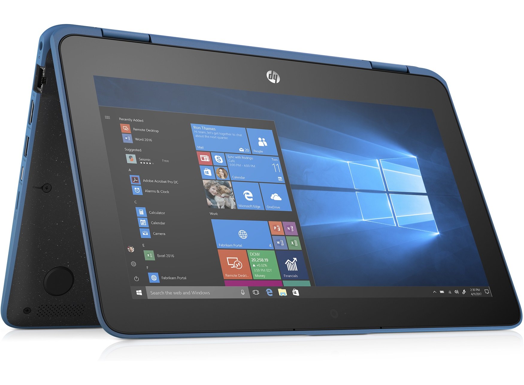 HP ProBook X360 11 G4 EE laptop with 11.6-inch HD touchscreen, showcasing its sleek design and ports.